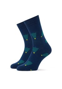 Granatowe skarpetki z wzorem zielonych choinek bożonarodzeniowych z żółtymi gwiazdami. Wykonane z miękkiego materiału, z prążkowanym mankietem na górze.