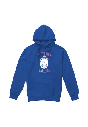 Blue hoodie with front pocket, featuring a cartoon face wearing a hat and the text "Good Idea Bad Idea" in colorful letters.