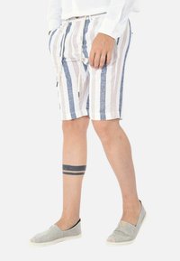 Shorts in lino a righe con strisce verticali blu e bianche, vita con cordoncino, tasche laterali e tessuto leggero e texture. Indossati con scarpe grigie senza lacci.