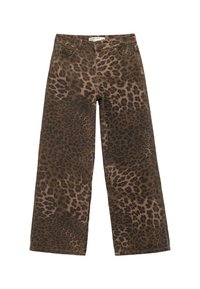 Jeans a gamba larga in stampa leopardata nelle tonalità di marrone e nero, con cinque tasche e hardware in ottone. Realizzati in tessuto denim.