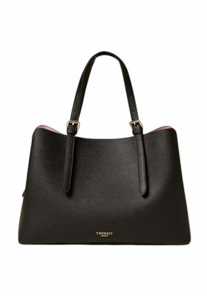 Borsa Twinset in pelle nera con due tracolle regolabili e dettagli con fibbia dorata, forma rettangolare con texture sottile.