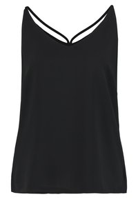 Top negro sin mangas con diseño de escote en v y dos tirantes delgados. Tejido suave y liso con un ajuste relajado, sin patrones visibles ni herrajes.
