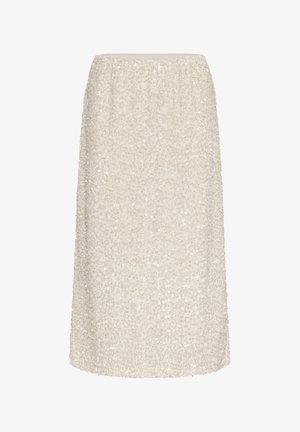Cream sequin midi skirt with an elastic waistband. Textured surface made of small, shiny sequins, creating a shimmering effect.