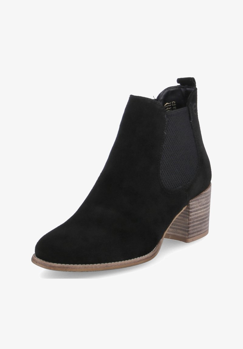 Bottine en daim noir avec bout arrondi, panneaux élastiques latéraux et talon en bois empilé. Texture lisse et design minimaliste.