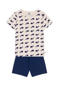 Βαμβακερό σετ δύο τεμαχίων με κρεμ κοντομάνικο πουκάμισο με ναυτικό μοτίβο φάλαινας και ναυτικό σορτς. Λείο ύφασμα με χαλαρή εφαρμογή.