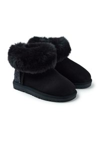 Bottines d'hiver noires avec de larges revers en fourrure pelucheuse et semelles texturées, conçues pour la chaleur et une utilisation intérieure-extérieur.