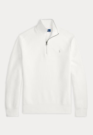 White long-sleeve knit sweater with quarter zip and small embroidered logo on left chest, ribbed cuffs and hem.