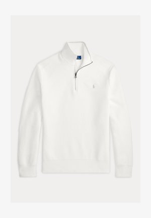 Pull en maille blanc à manches longues avec fermeture éclair partielle et petit logo brodé sur la poitrine gauche, poignets et ourlet côtelés.