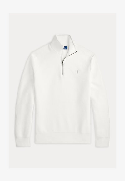 Pull en maille blanc à manches longues avec fermeture éclair partielle et petit logo brodé sur la poitrine gauche, poignets et ourlet côtelés.