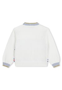 Pull blanc avec une finition texturée, featuring un col et des poignets ornés d'un motif bleu et or. Vue de dos avec des manches longues.