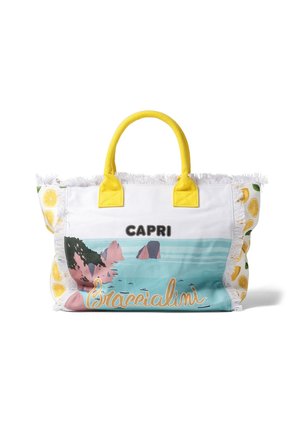 Grote canvas tas met gele handvatten, witte franjerand en een strandillustratie. Bevat citroenpatronen aan de zijkanten.