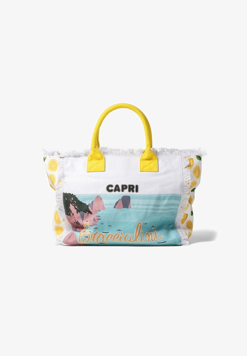 Grand sac tote en toile avec des poignées jaunes, une bordure en frange blanche et une illustration de plage. Présente des motifs de citrons sur les côtés.