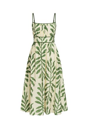 Robe midi sans manches avec imprimé de feuilles vertes sur fond crème, corsage ajusté avec fines bretelles et jupe froncée.