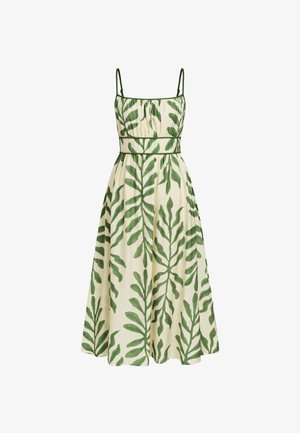 Ärmelloses Midikleid mit grünem Blattmuster auf cremefarbenem Hintergrund, eng anliegender Oberteil mit dünnen Trägern und gerafftem Rock.