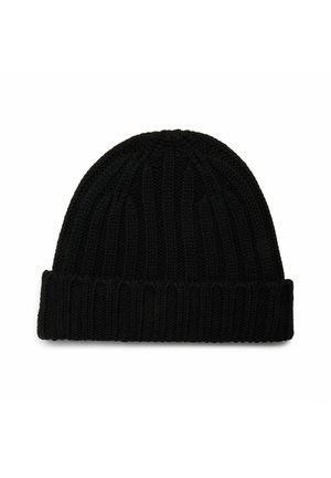 Berretto nero a maglia con una texture a coste, parte superiore arrotondata e risvolto per stile e vestibilità. Il tessuto mostra flessibilità e calore.