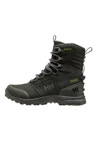Bota de senderismo impermeable negra con parte superior sintética y textil, cierre seguro con cordones y suela de goma texturizada para tracción.