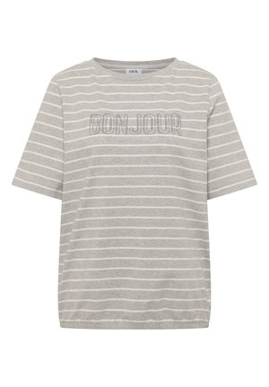 T-shirt gris clair à manches courtes avec de fines rayures horizontales blanches et le texte "BONJOUR" en contour pointillé sur la poitrine.