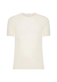 T-shirt a maniche corte color crema realizzato in un materiale morbido, con scollatura tonda e superficie liscia e senza texture.