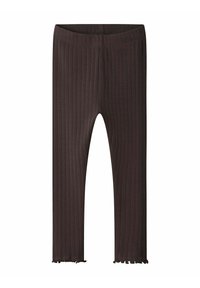 Bruine geribbelde legging met een zachte textuur en een flared zoom. Heeft een elastische tailleband en een aansluitend ontwerp voor comfort.