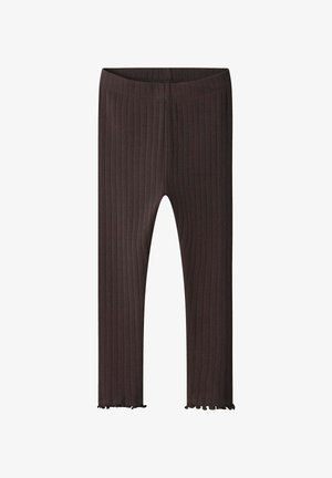 Bruine geribbelde legging met een zachte textuur en een flared zoom. Heeft een elastische tailleband en een aansluitend ontwerp voor comfort.