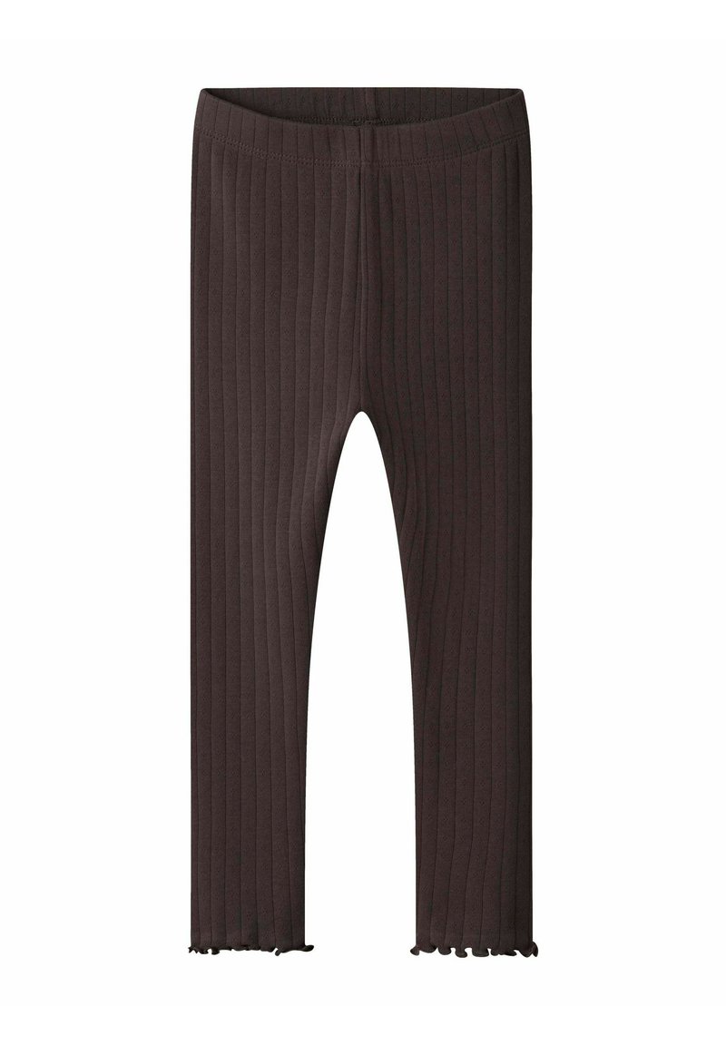 Bruine geribbelde legging met een zachte textuur en een flared zoom. Heeft een elastische tailleband en een aansluitend ontwerp voor comfort.