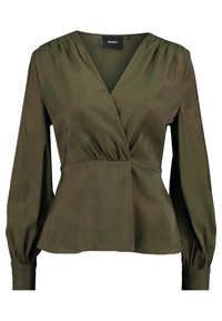 Olivgrünes Langarmbluse mit V-Ausschnitt, gerafften Schultern und peplumförmigem Saum. Glattes Material mit subtiler glänzender Oberfläche und elastischen Manschetten.