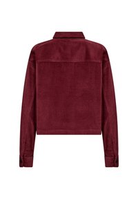 Burgundy corduroy jacket, cropped design with long sleeves, a collar, and buttoned cuffs. Textured fabric with vertical ridges.