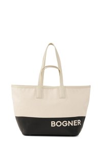Sac en toile avec une partie supérieure beige et un fond noir, doté de doubles poignées et du mot "BOGNER" imprimé en blanc sur la section noire.