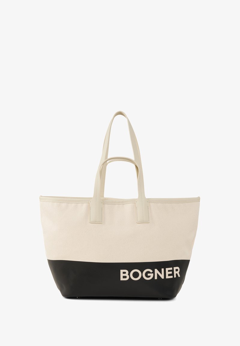 Bolsa de lona con parte superior beige y fondo negro, que cuenta con dos asas y la palabra "BOGNER" impresa en blanco en la sección negra.