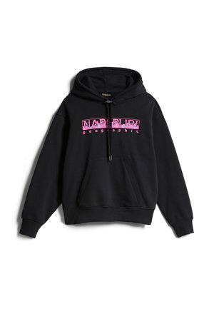 Černá mikina s kapucí, přední kapsa na klokaní styl a růžové logo „NAPAPIJRI geographic“ přes prsa.