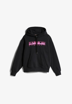 Sweat à capuche noir avec une poche frontale et un logo rose "NAPAPIJRI geographic" sur la poitrine.