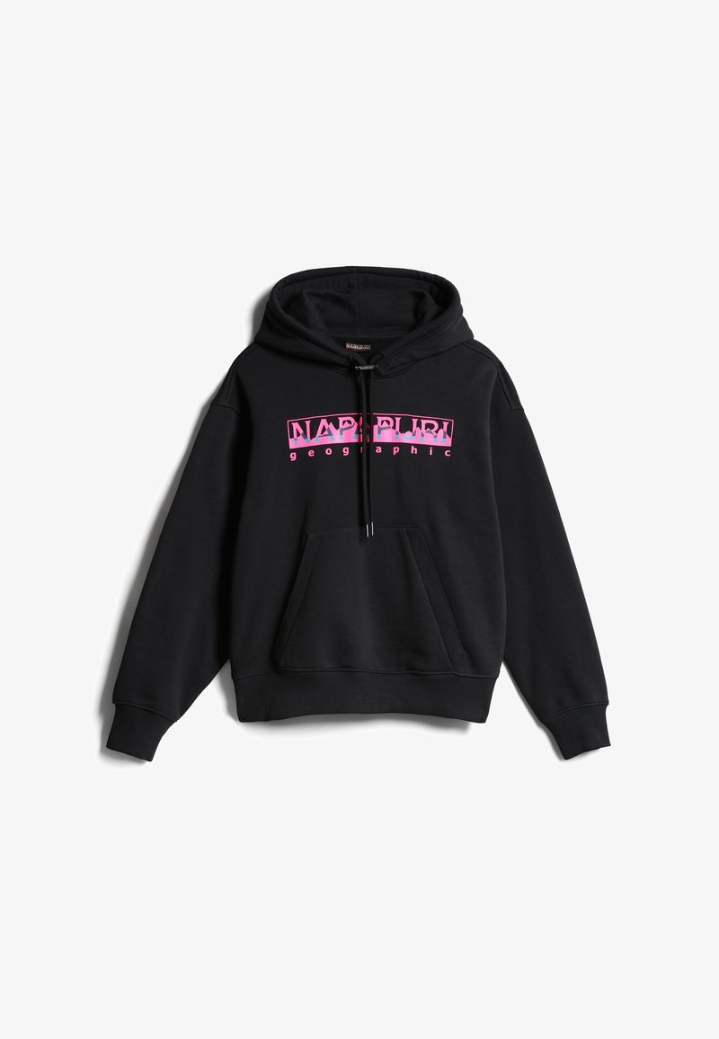 Sweat à capuche noir avec une poche frontale et un logo rose "NAPAPIJRI geographic" sur la poitrine.