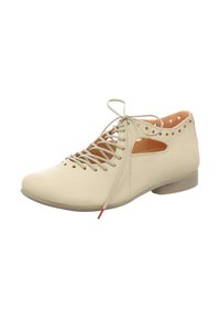 Beige leather lace-up shoe with cut-out details and perforations. Rounded toe and low heel. Textured upper and smooth inner lining.