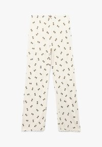 Witte broek met een geribbelde textuur, voorzien van een herhalend bruin strikpatroon en een scalloped zoom aan de onderkant. Verstelbare tailleband.