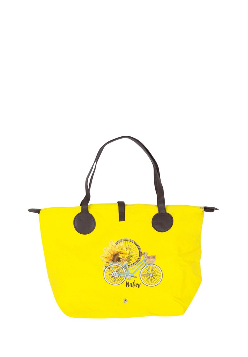 Gelbe Einkaufstasche mit braunen Griffen und Akzenten. Mit einem Fahrraddesign, Sonnenblumen und dem Wort "Natur". Texturiertes Stoffmaterial.