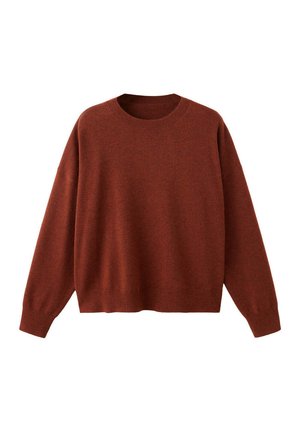 Jersey de cuello redondo y manga larga color marrón óxido con puños y ribete acanalados, mostrado extendido sobre un fondo blanco.