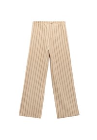 Hellbeige, weit geschnittene Hose mit vertikalen, dunklen Streifen, ausgestattet mit einem elastischen Bund und weicher Textur, entworfen für Komfort und Bewegungsfreiheit.