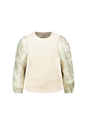 Lichtbeige sweatshirt met een ronde hals en gestructureerde groene patroon mouwen. Voorzien van gathered manchetten en een zacht, glad lichaam.