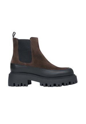 Brown suede ankle boot with black rubber sole, elastic side panels, and a pull tab. Chunky tread offers added grip and stability.