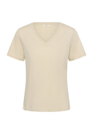 Majica s kratkimi rokavi in V-izrezom v krem barvi, izdelana iz mehkega blaga z gladko teksturo in sproščenim krojem. Brez vidnih vzorcev ali poudarkov.