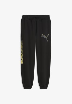 Schwarze Puma Jogginghose mit elastischem Bund und Bündchen, mit reflektierendem Puma-Logo am rechten Oberschenkel und einem grafischen Panel am linken Bein.