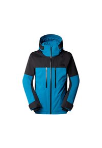 Blå och svart vattentät jacka med dragkedja framtill, justerbar huva och två vertikala bröstfickor. Har kontrasterande färger och texturer.