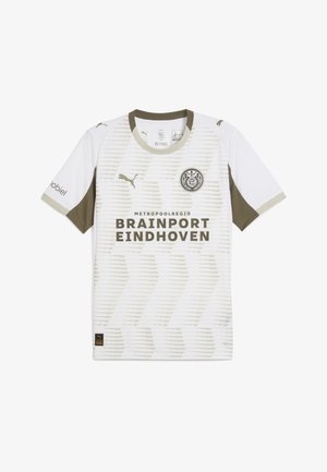 Maillot de football blanc et beige à manches courtes, texte « Brainport Eindhoven », logos Puma et emblème de l'équipe sur le devant.