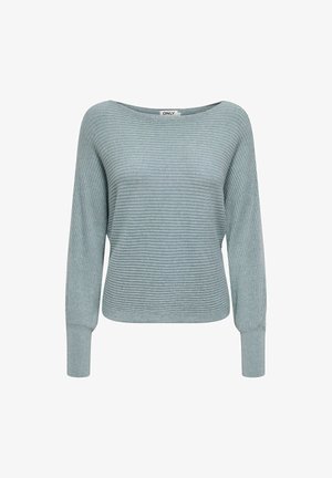 Maglione a coste di un blu chiaro con scollatura a barca ampia e maniche lunghe, caratterizzato da una morbida texture e una vestibilità aderente in vita.