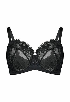 Black lace bra with floral embroidery, underwire support, and adjustable shoulder straps on a white background.