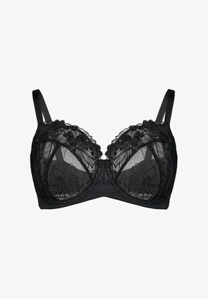Black lace bra with floral embroidery, underwire support, and adjustable shoulder straps on a white background.