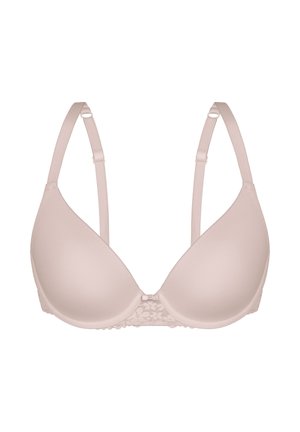 Hellbeiger gepolsterter BH mit verstellbaren Trägern und Spitzenverzierung am mittleren Frontband.