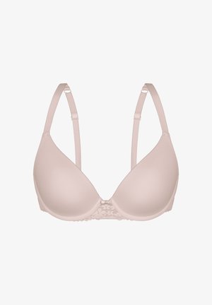 Hellbeiger gepolsterter BH mit verstellbaren Trägern und Spitzenverzierung am mittleren Frontband.