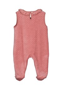 Różowy kombinezon bez rękawów w białe kropki, wykonany z miękkiego materiału, z falbankowym kołnierzykiem i zapięciem na guziki z tyłu. Okrągłe otwory na nogi.