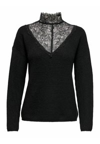 Pull noir avec un col montant orné d'une superposition en dentelle et un motif en forme de V. Confectionné en tissu tricoté texturé avec manches longues.